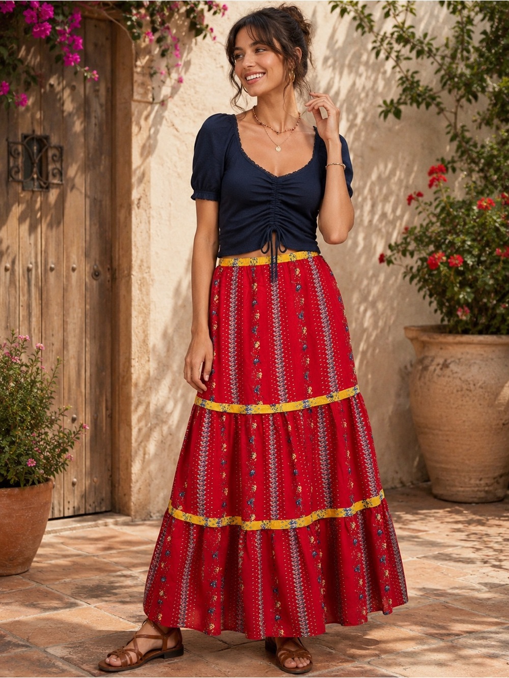 NWT Tulip B Women's L Red Tiered Floral Maxi Skirt with Yellow Trim Sheer Lined